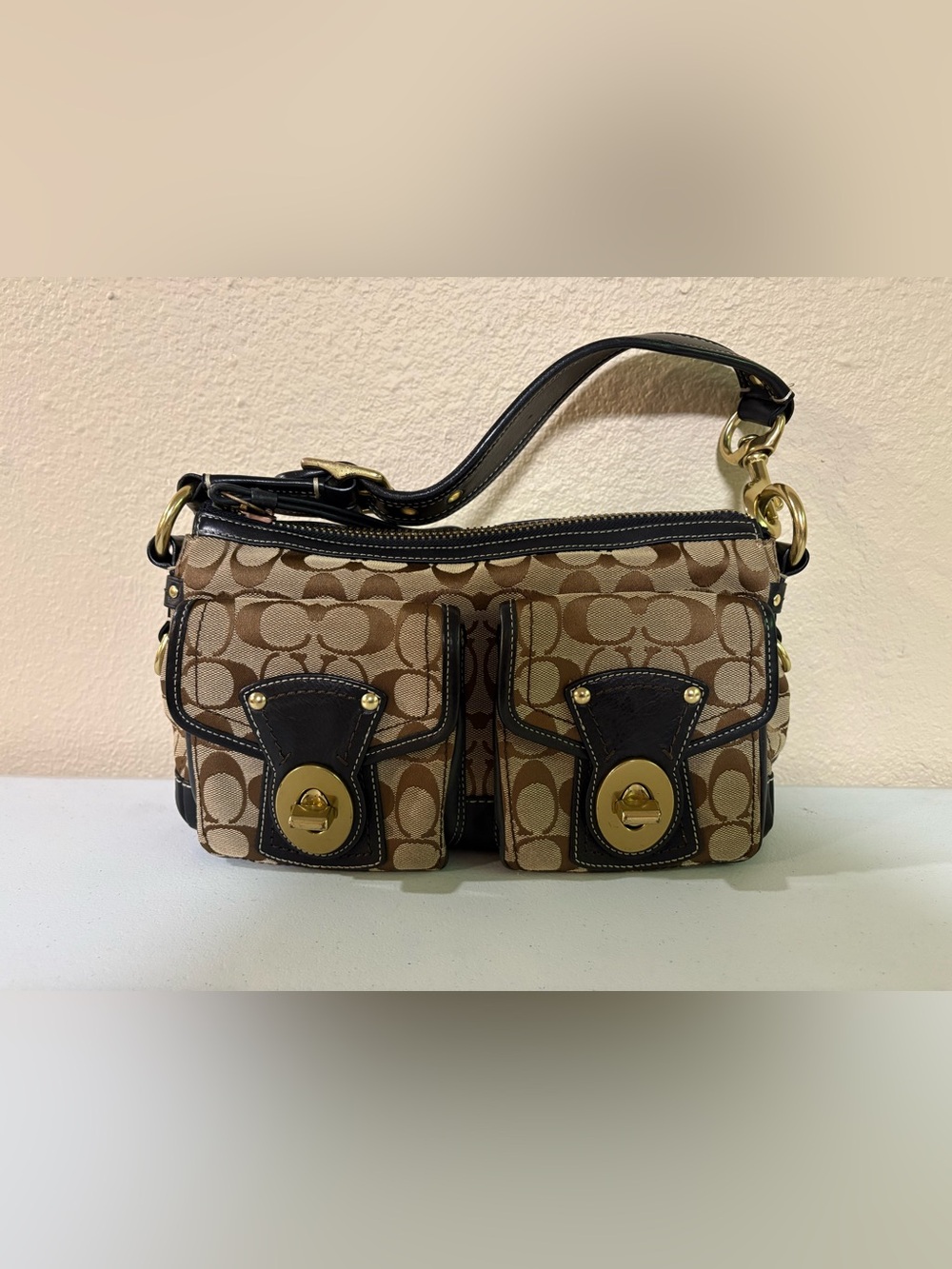 Coach 65th Legacy Signature Shoulder Bag, Black Trim, Stripe Lining F06K - 10339